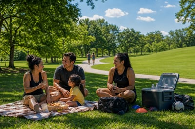 Athletic Trainer Relaxing with Friends in Summer Park