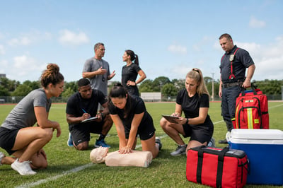 Athletic Trainers CPR Training on Grass Field